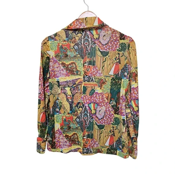 70s Vintage Long Dress Indian Gods Patchwork Print And Matching Shirt Hippie - Picture 9 of 13